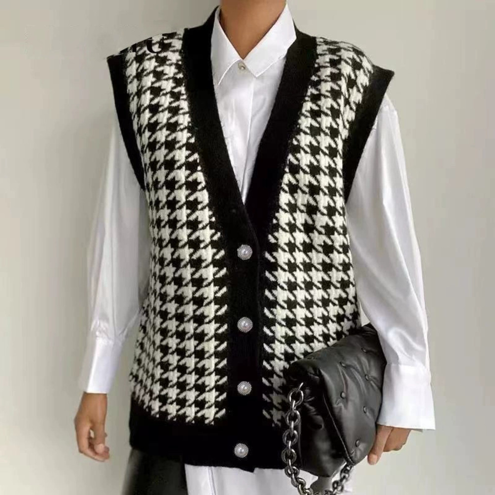 ZARA Womens Autumn Winter Sleeveless Houndstooth Loose Knit Vest Top
